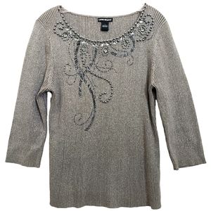 Lauren Michelle Gray  Metalic Beaded Stone Accent Scoopneck 3/4 Sleeve S…